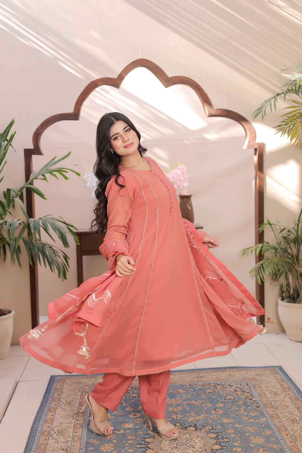 Pink A- Line Frock with 4 panel - Image 7