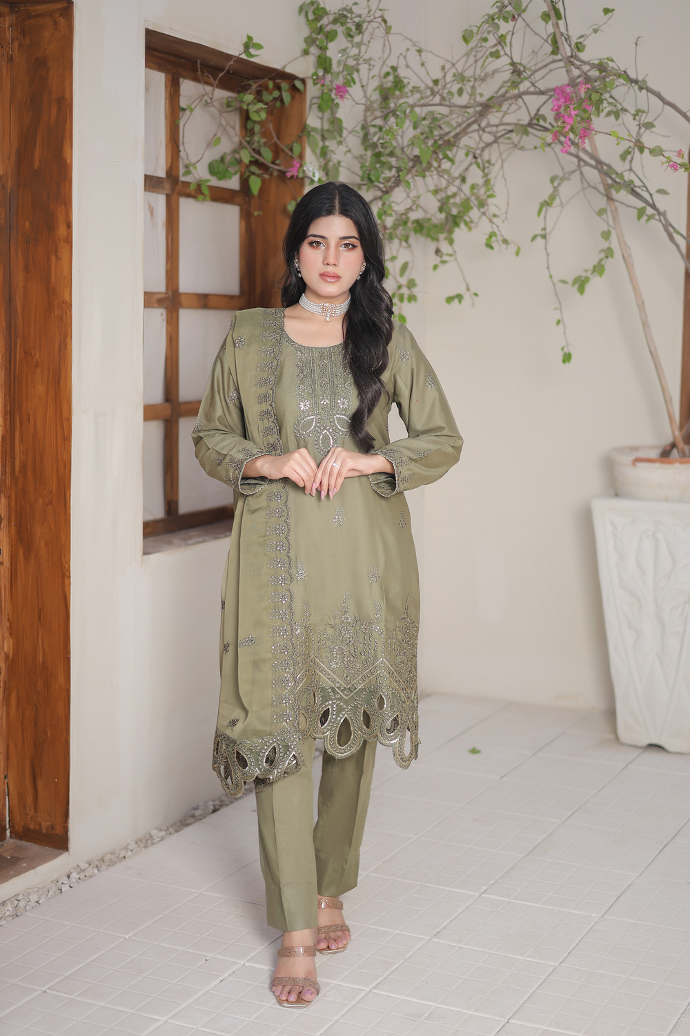 Olive Green Cotton Embroidered 3 piece