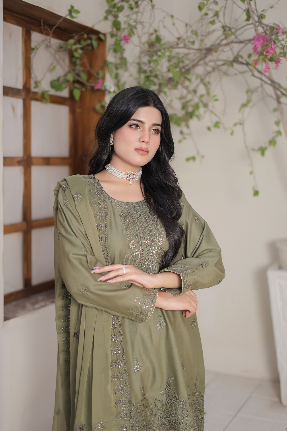 Olive Green Cotton Embroidered 3 piece - Image 2