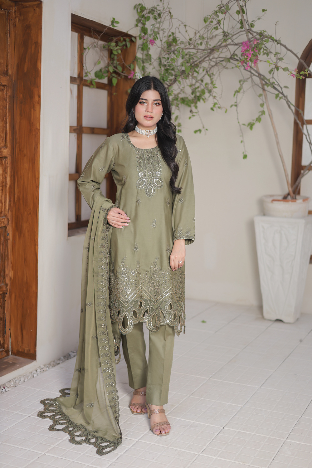 Olive Green Cotton Embroidered 3 piece - Image 4