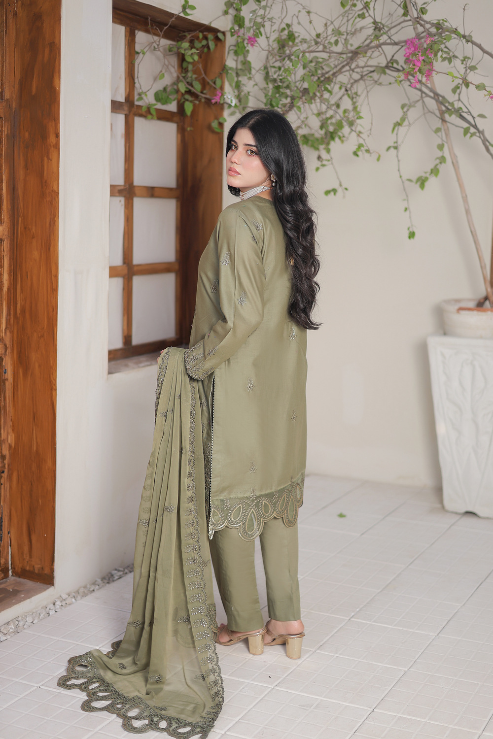 Olive Green Cotton Embroidered 3 piece - Image 5