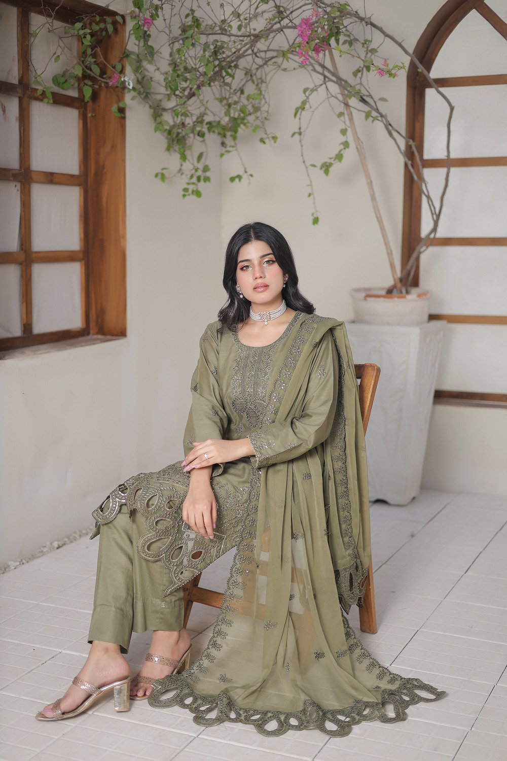 Olive Green Cotton Embroidered 3 piece - Image 6