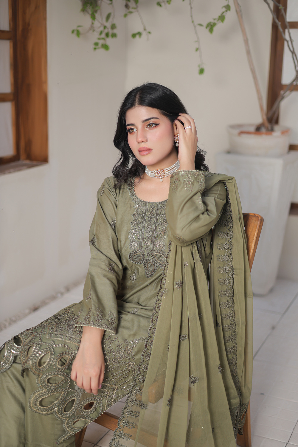 Olive Green Cotton Embroidered 3 piece - Image 7