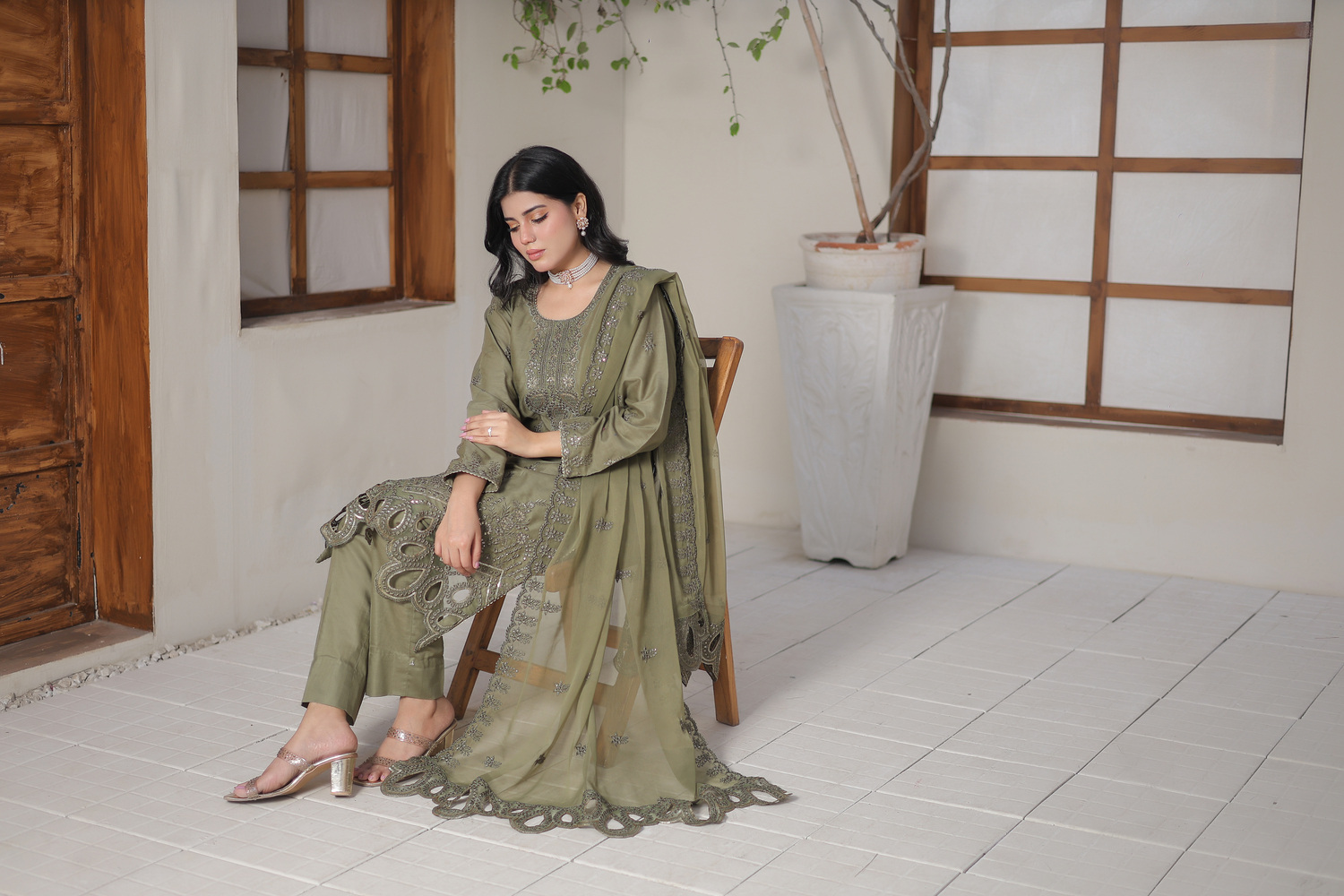 Olive Green Cotton Embroidered 3 piece - Image 8